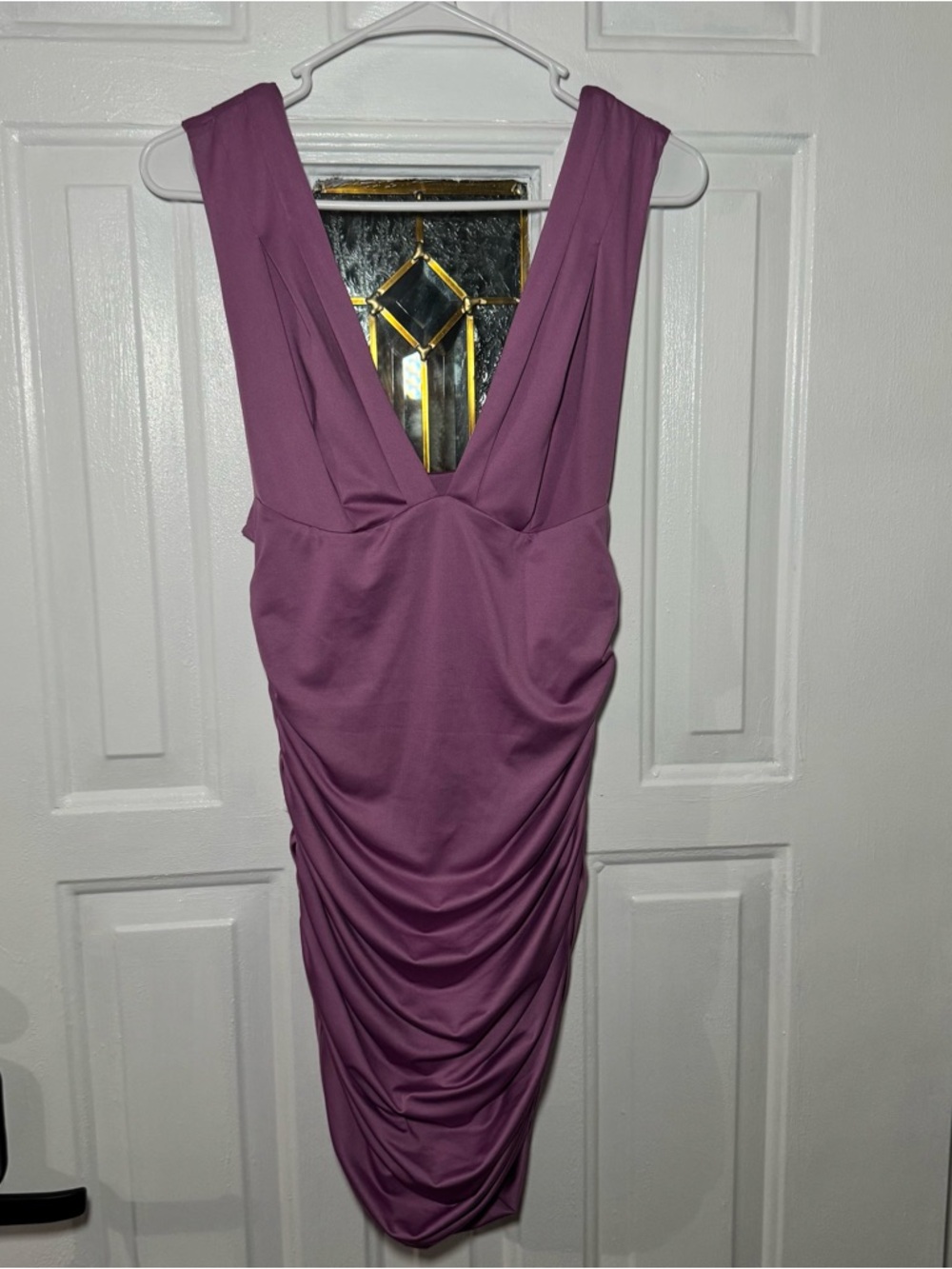 Amazon Sleeveless Ruched V-Neck Mini Dress in Plum